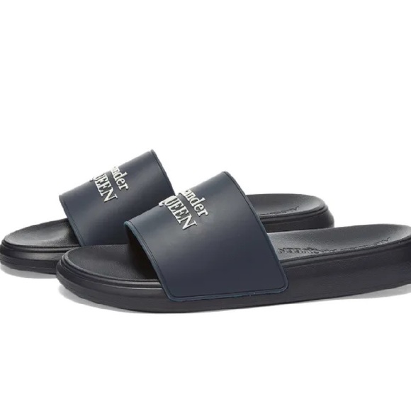 Alexander McQueen Logo Wedge Pool Slides Navy Blue Men’s EU 41/US 8 $280